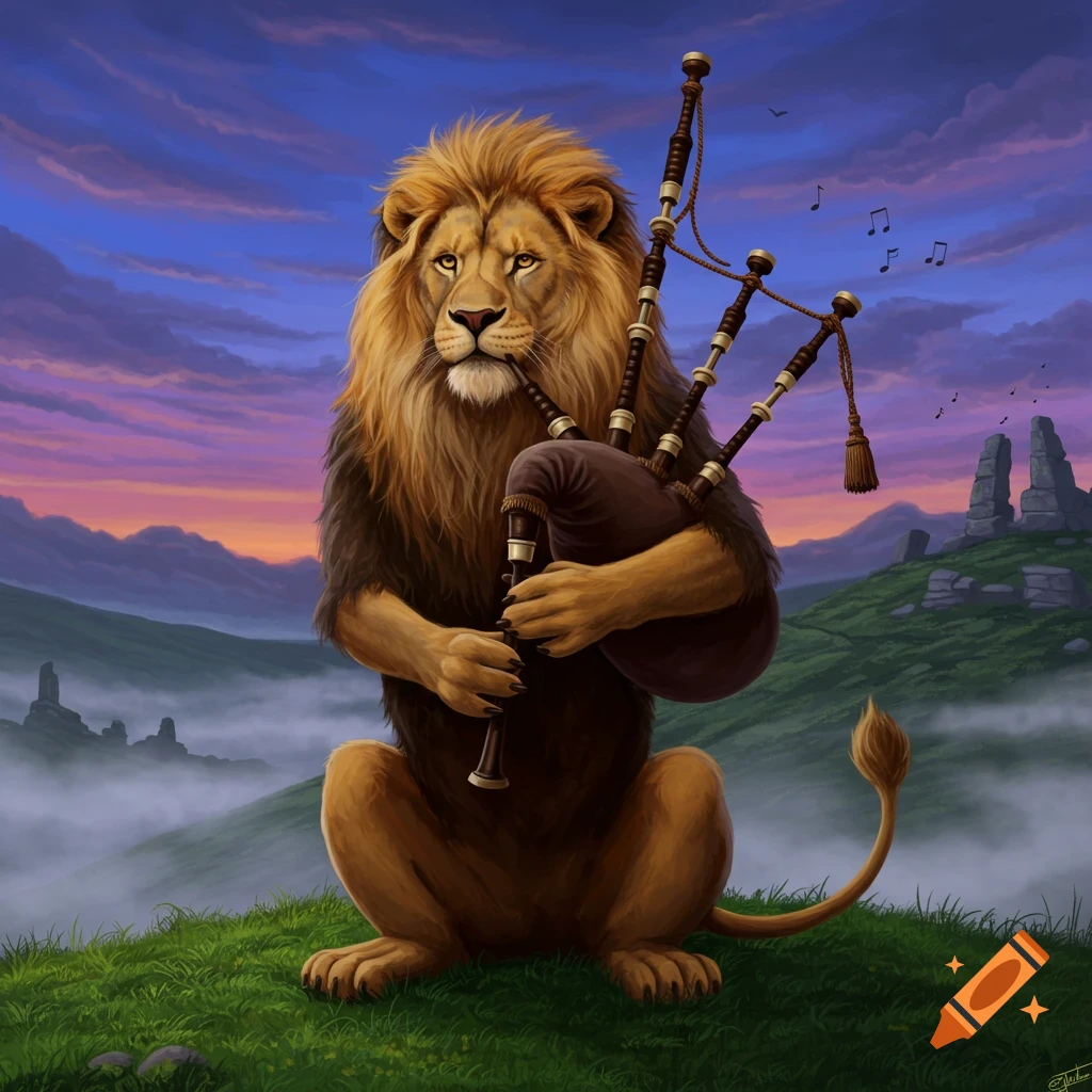 An anthropomorphic lion sits on a grassy hill, playing bagpipes under a dramatic sunset sky over a misty valley. Fantasy illustration.
