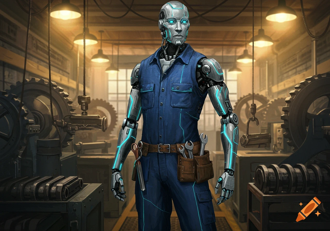 A humanoid robot in a blue work uniform and tool belt stands in a busy industrial workshop. Digital art.