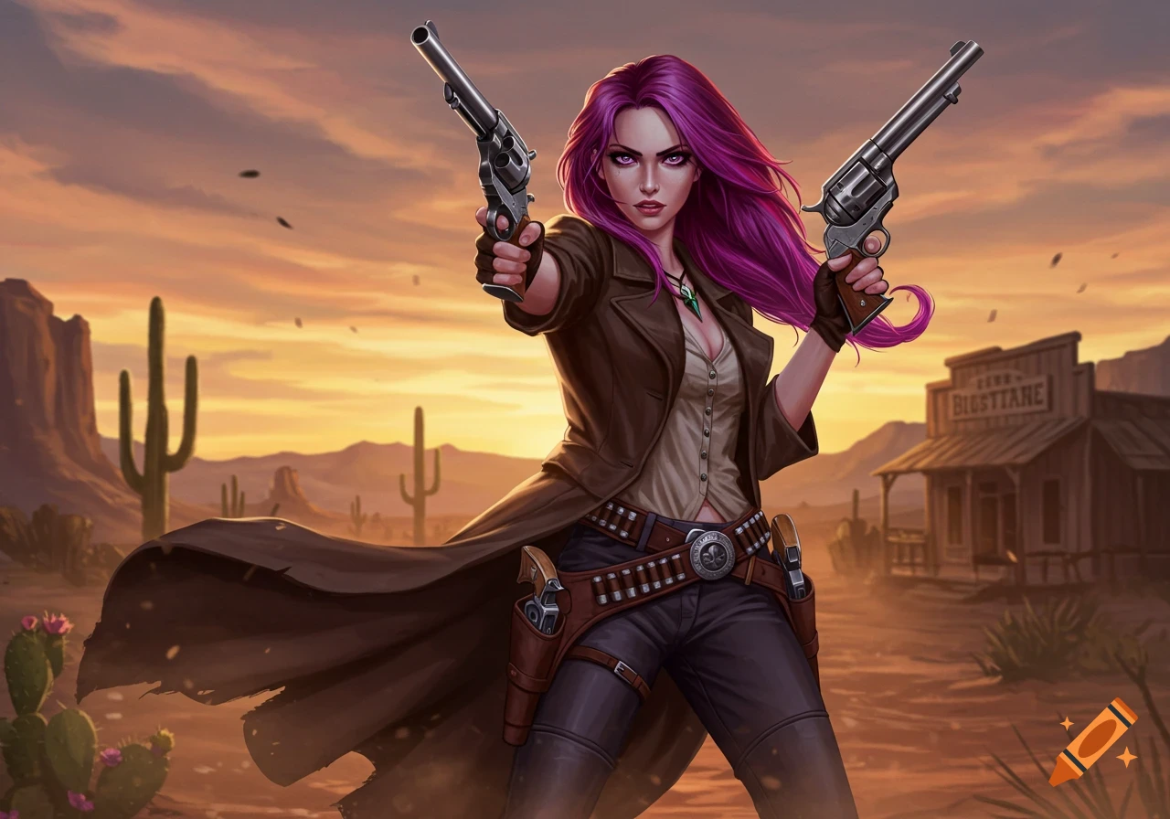 A vibrant digital painting of a female gunslinger with purple hair and eyes, aiming two revolvers in a desert sunset.