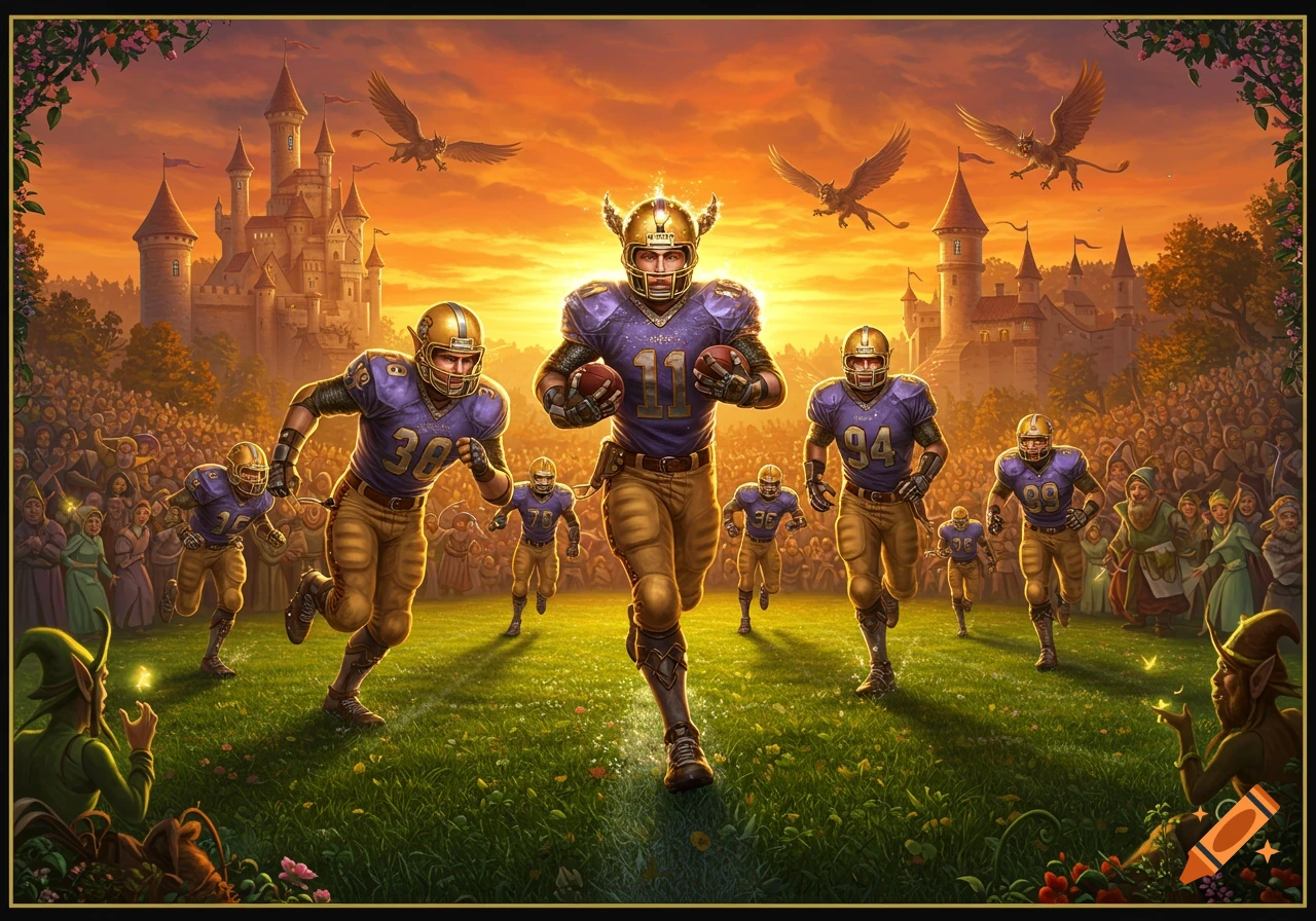 Fantasy football players run on a grassy field before a castle, flying gryphons, and a cheering crowd at sunset. Detailed digital painting.