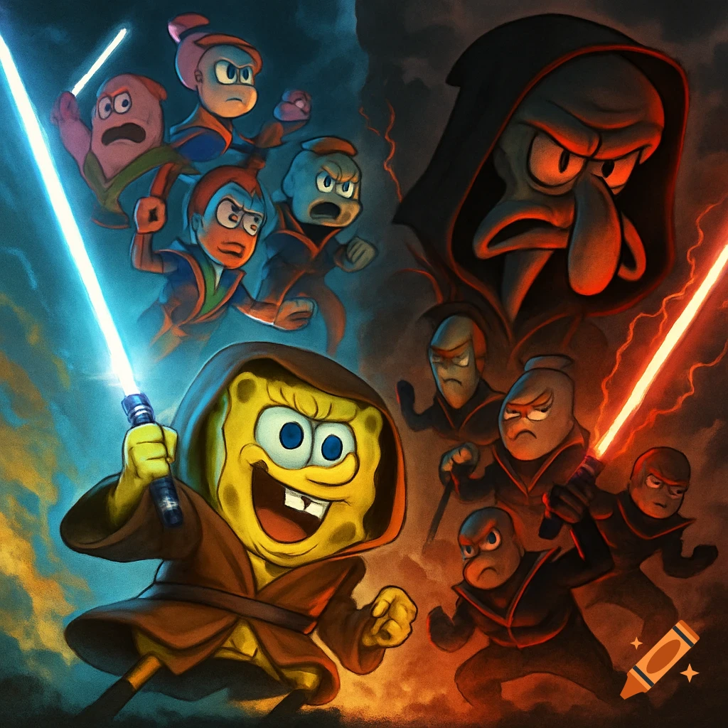 SpongeBob as a Jedi with a blue lightsaber leading allies against Sith Lord Squidward with a red lightsaber and his dark forces in a dramatic cartoon.