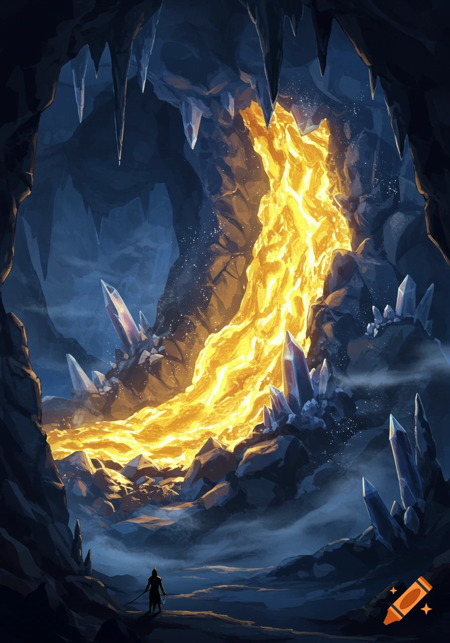 Dark fantasy illustration of a large cave with glowing orange lava flowing through it, surrounded by blue crystals. A small lone figure stands in the foreground.