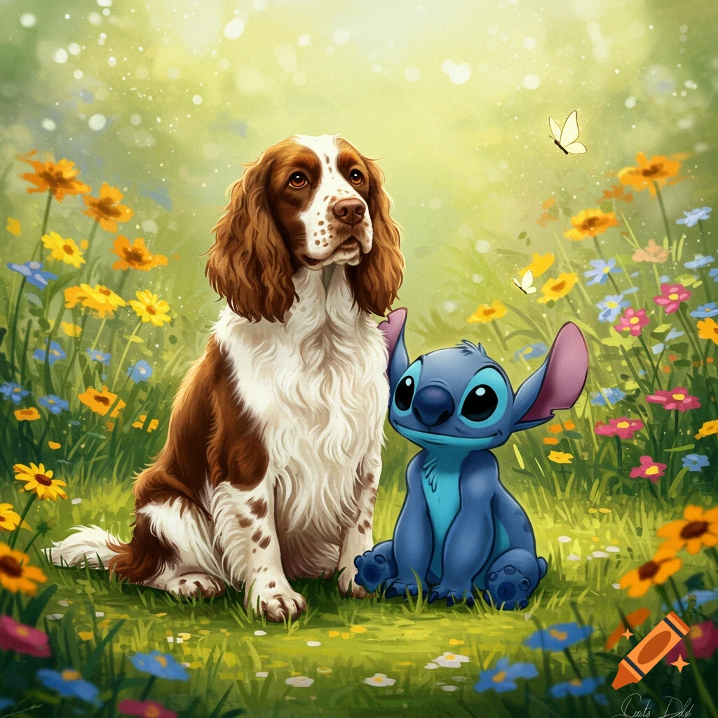 A brown and white Springer Spaniel dog and blue Stitch sit in a vibrant meadow filled with colorful flowers and butterflies, in a digital painting style.