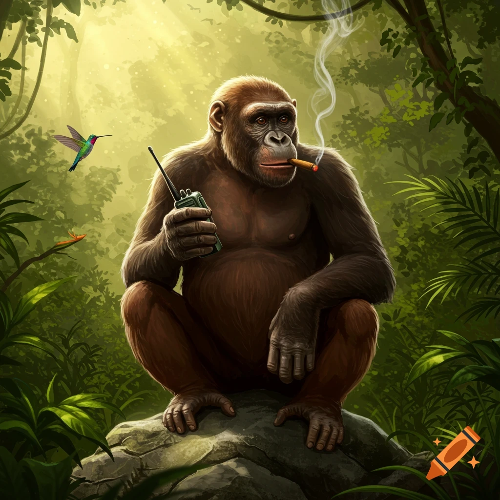 An anthropomorphic ape sits on a rock in a lush jungle, smoking a cigar and holding a walkie-talkie. A hummingbird flies nearby in a detailed art style.