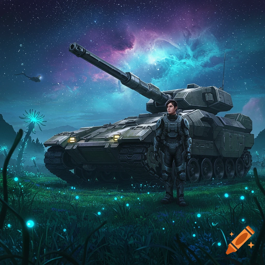 A futuristic soldier in power armor stands beside a large tank on an alien planet with glowing flora under a starry, nebula-filled night sky.