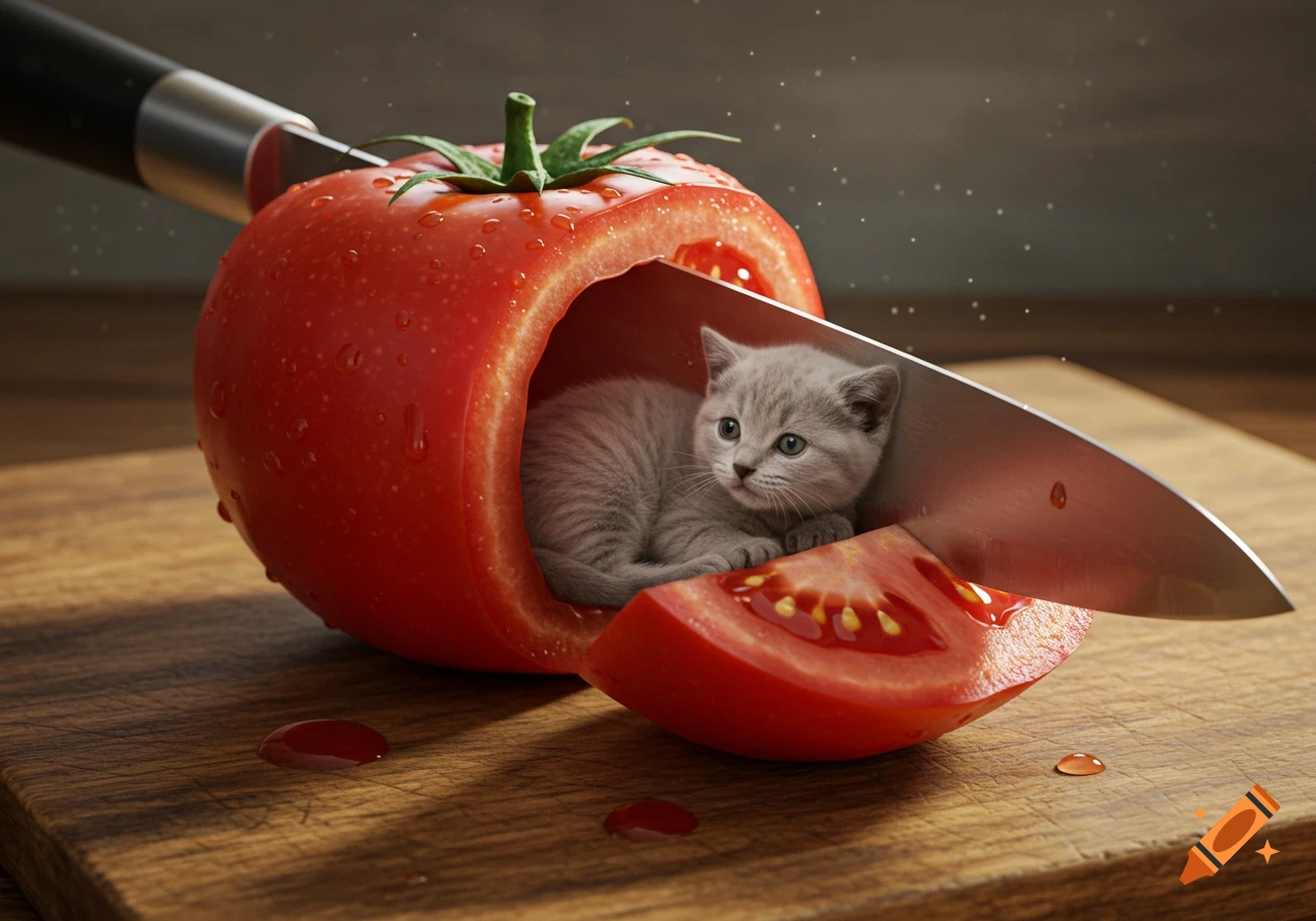 A photorealistic image of a small grey kitten curled inside a sliced red tomato on a wooden cutting board, with a knife partly cutting the tomato.