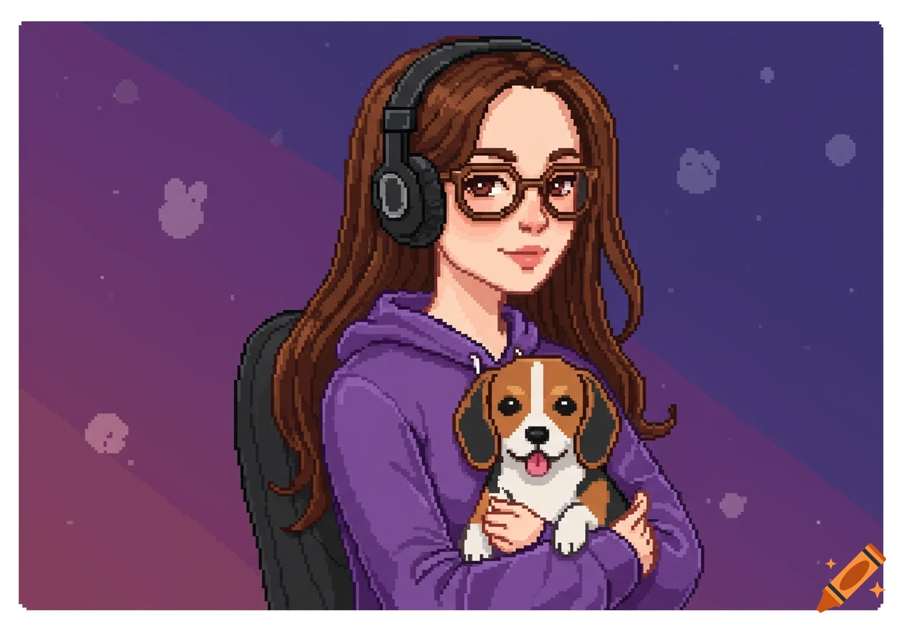 A pixel art illustration of a gamer girl with long brown hair, glasses, and headphones, wearing a purple hoodie, holding a smiling beagle.