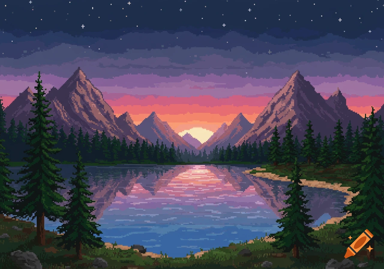 Pixel art landscape of a lake reflecting a colorful sunset between mountains and pine trees under a starry sky.