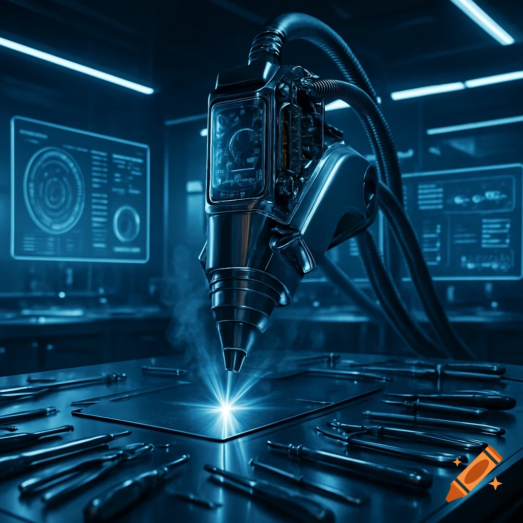 A futuristic laser machine emits a bright blue beam onto a metal surface in a dark, blue-lit lab, with tools scattered around and holographic screens in the background.