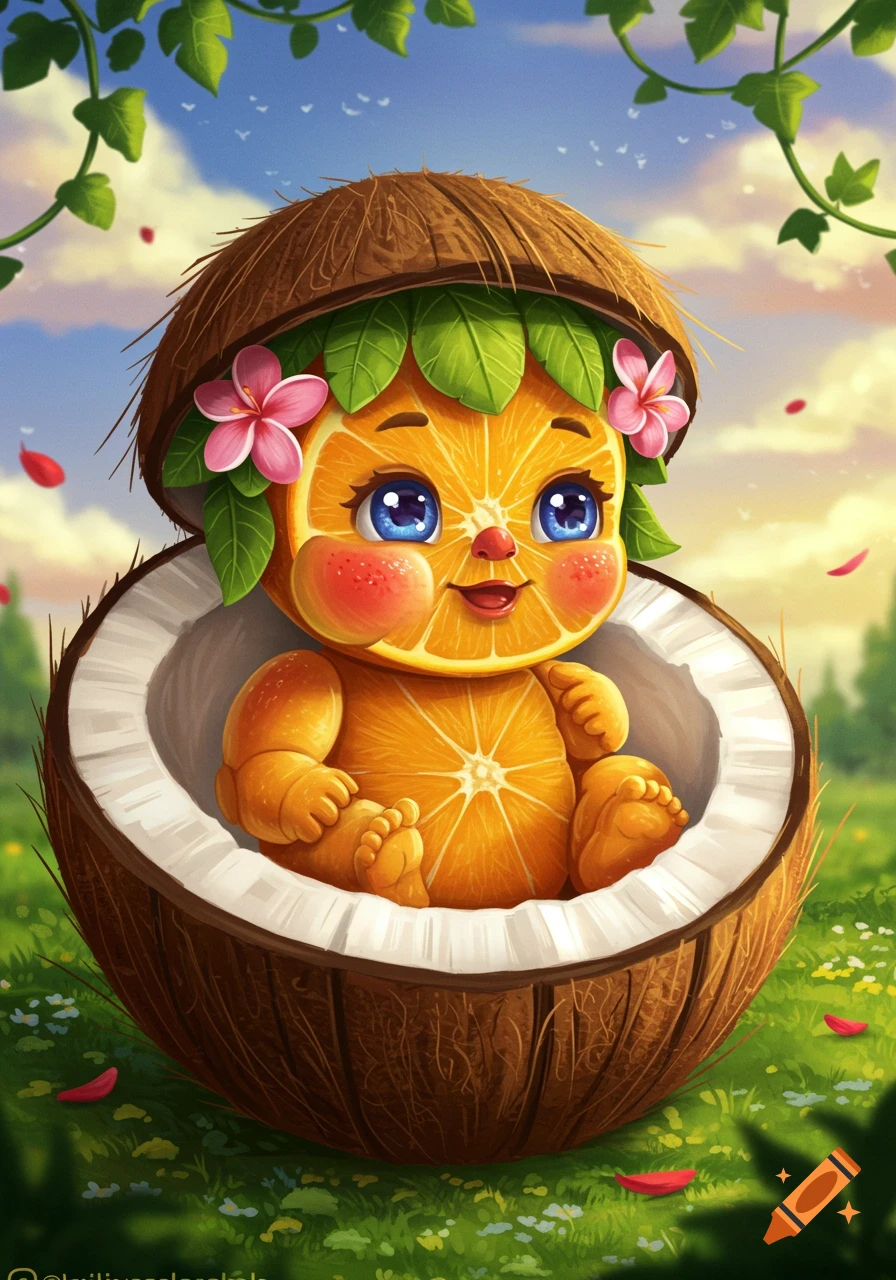 A cute, smiling baby with an orange slice for a head and body, wearing a leaf and flower crown, sitting inside a coconut shell in a sunny, grassy field.