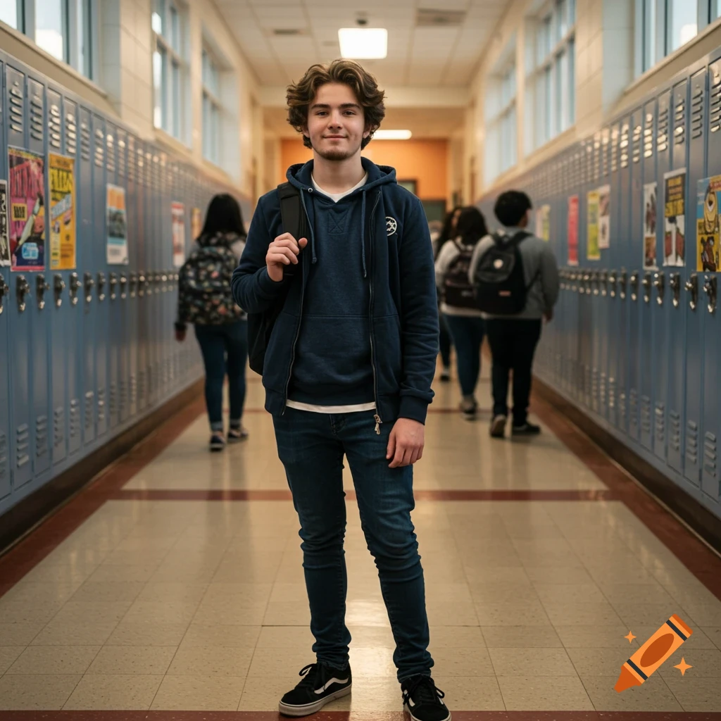 A young man with curly brown hair and a backpack stands smiling in a high school hallway lined with lockers.