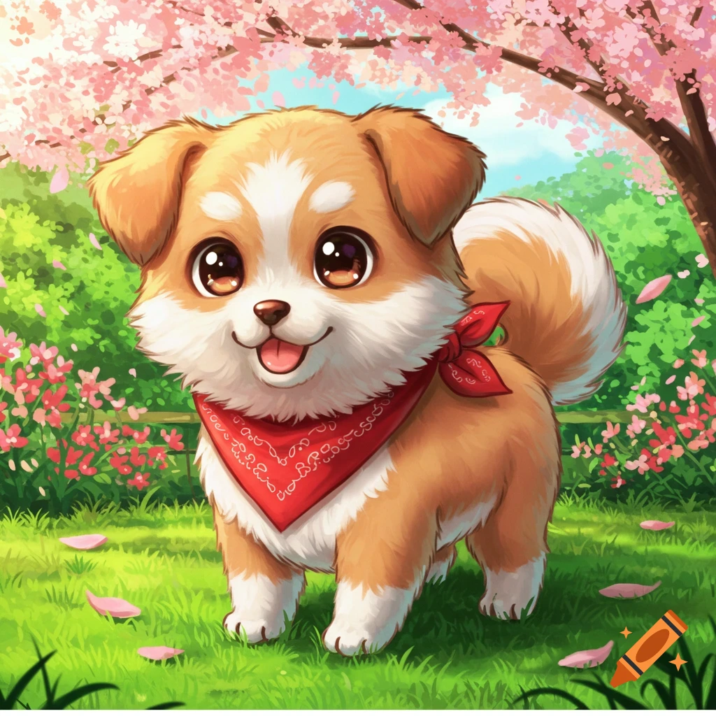 A cute anime-style puppy wearing a red bandana, standing in a sunny park under pink cherry blossoms.