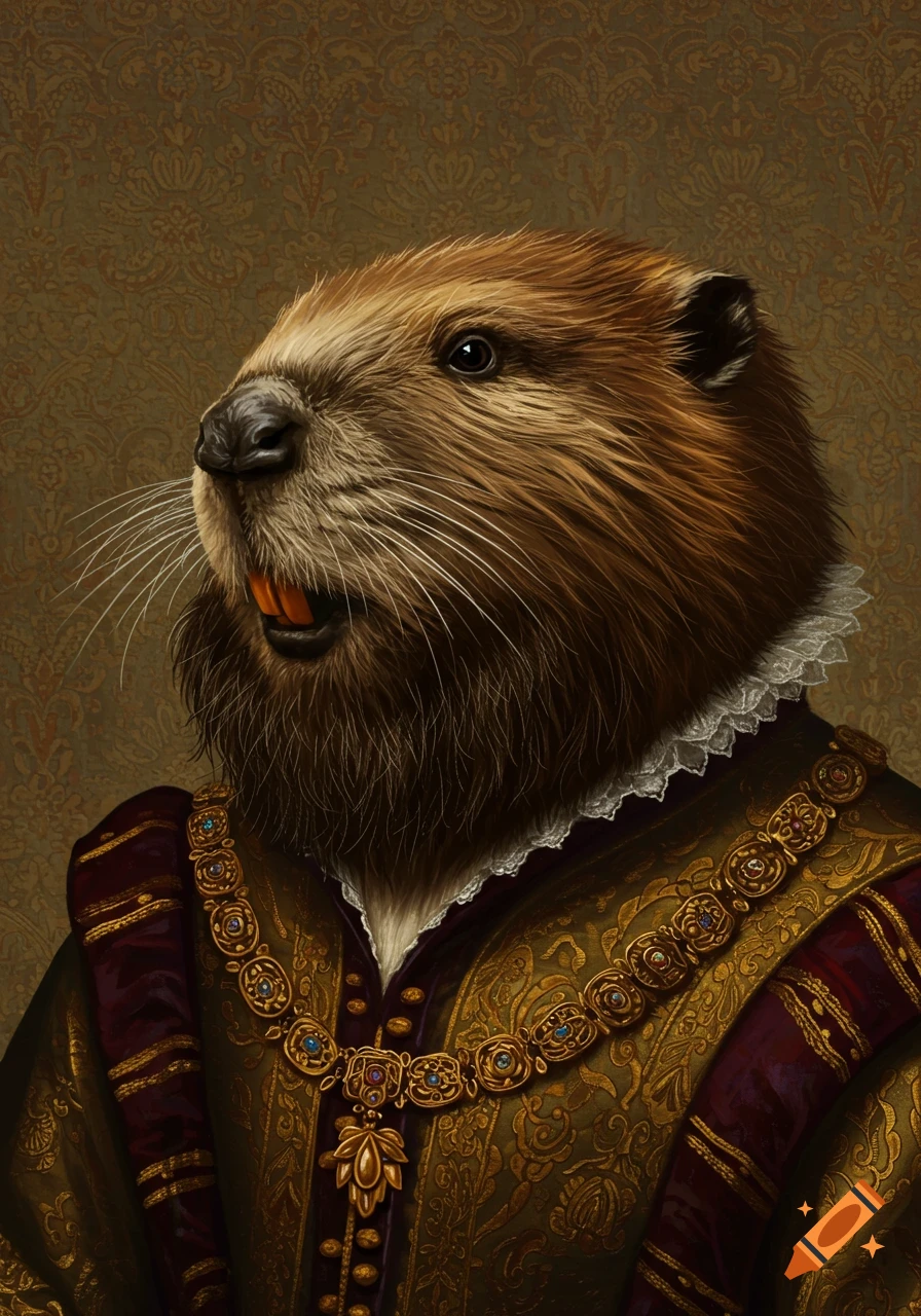 A painted portrait of a beaver with a bushy beard, wearing ornate gold and maroon Renaissance noble attire and an elaborate gold chain.