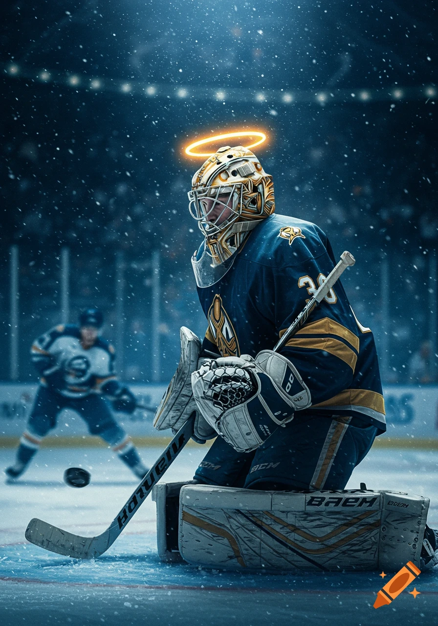 A hockey goalie in a blue and gold uniform crouches on the ice with a glowing halo, illuminated by falling snow.