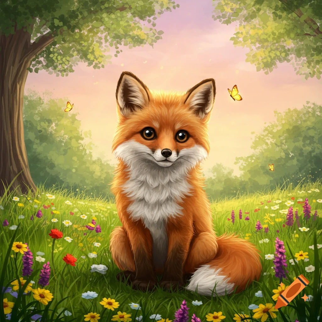 A cute, fluffy, cartoon fox sits in a vibrant meadow among colorful wildflowers, with butterflies and trees under a soft sky.