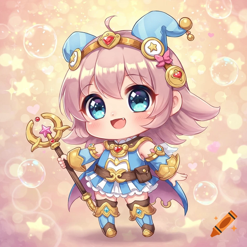 Cute chibi character with pink hair and big blue eyes, wearing a blue and gold fantasy outfit, holding a golden staff, on a sparkling background.