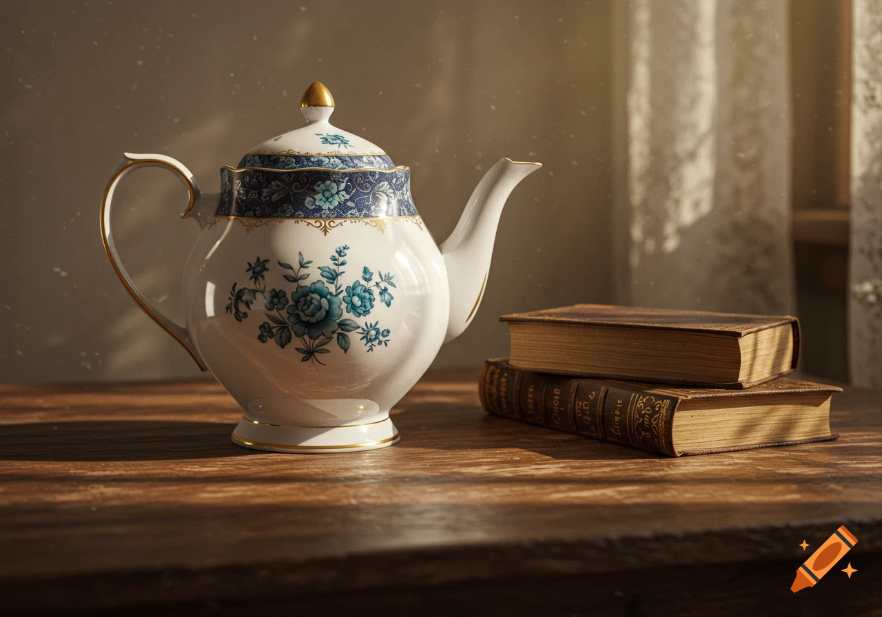 A white teapot with blue floral patterns and gold accents sits on a wooden table next to two old books, bathed in warm sunlight.