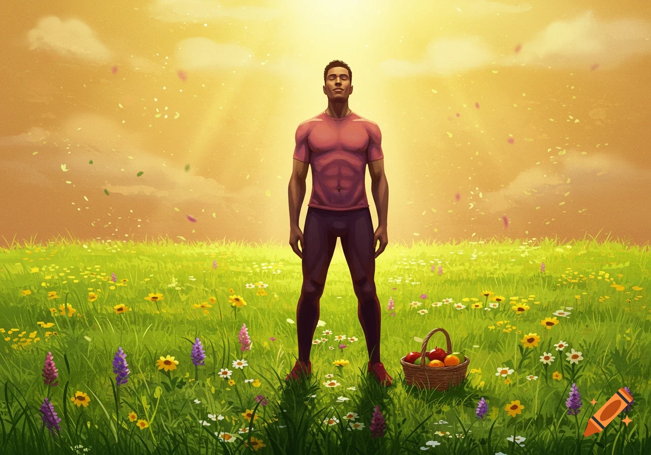 An illustrated man stands with eyes closed, looking up at the sun in a vibrant field of wildflowers, with a basket of fruit nearby.