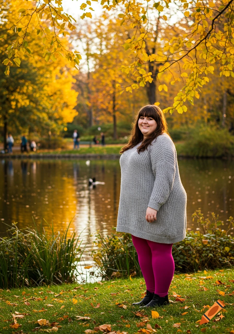A smiling woman in a grey sweater dress and magenta leggings stands in an autumn park beside a pond.