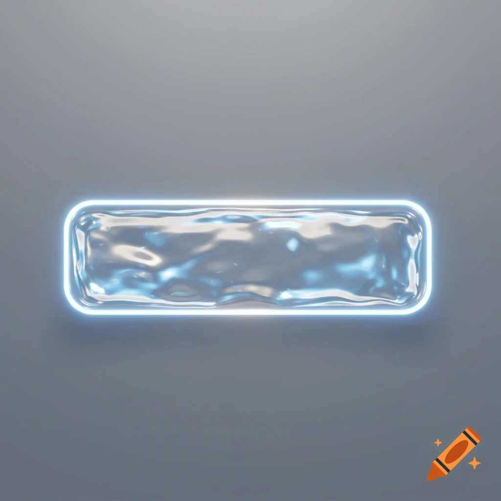 A rectangular UI button with a wavy, clear liquid glass effect and a glowing blue neon border on a gray background.