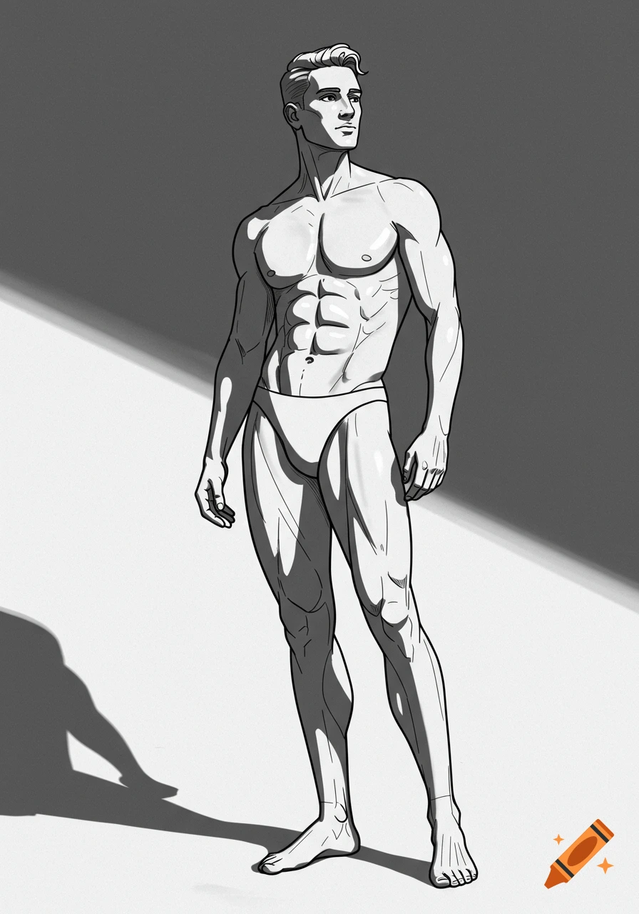 Black and white comic art illustration of a muscular man in briefs standing against a shadowed background.