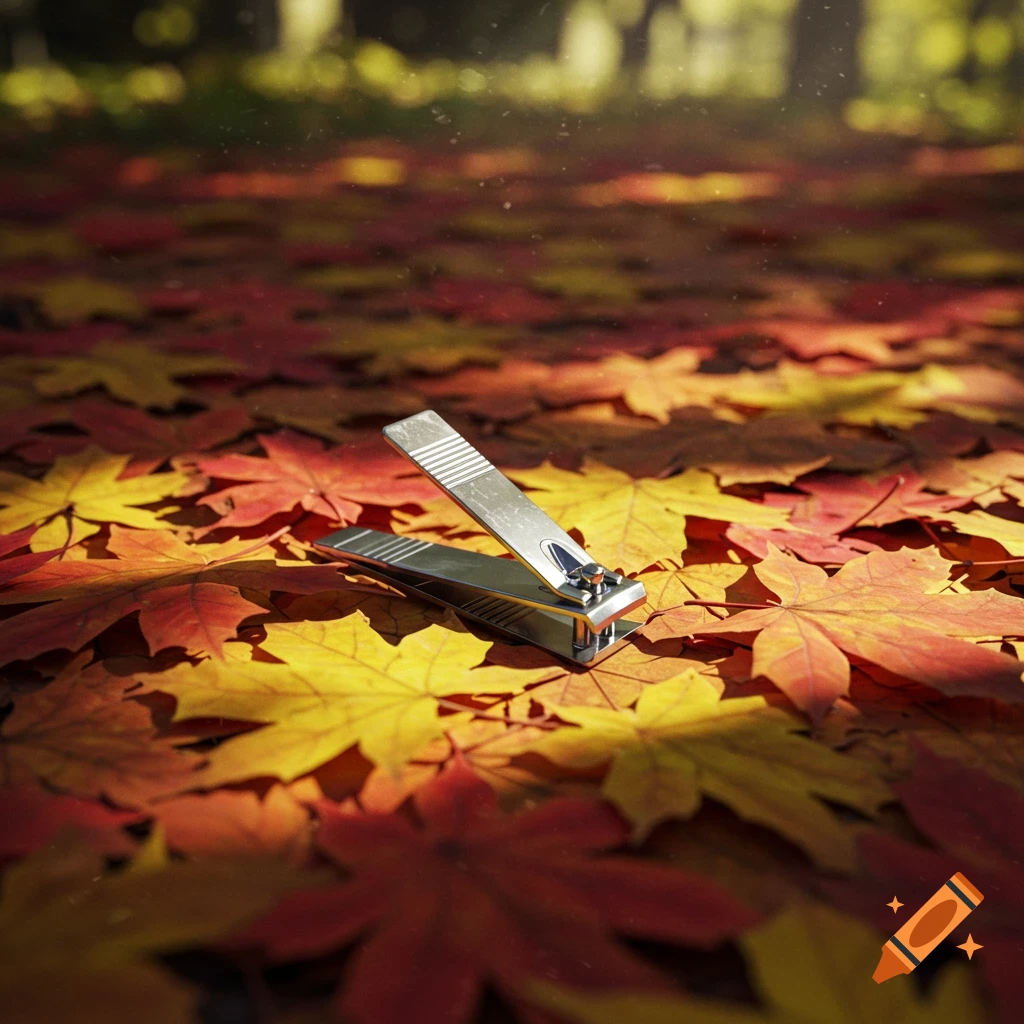 A silver nail clipper rests on a bed of vibrant red and yellow autumn leaves in a forest setting.