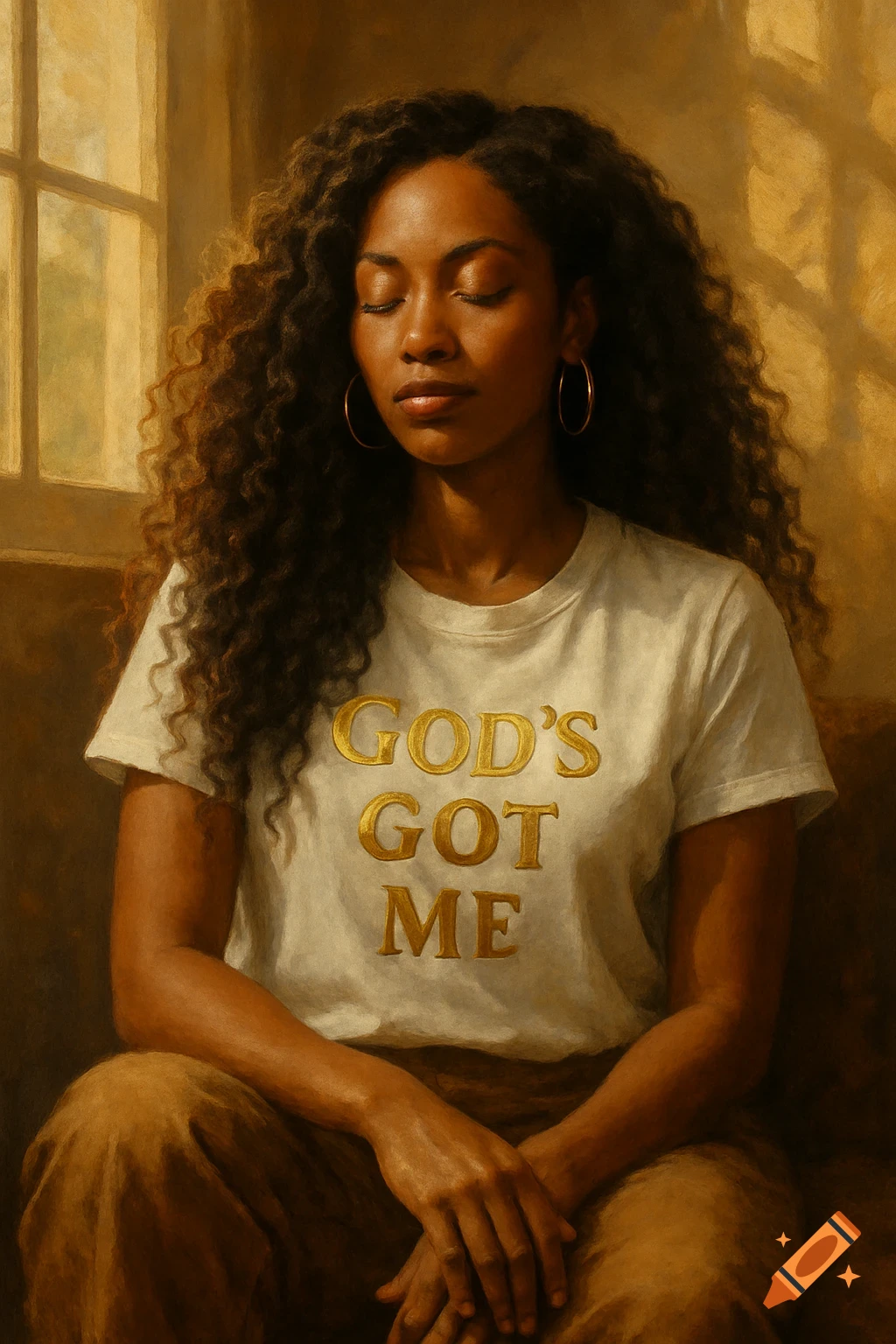 Painterly portrait of a beautiful Black woman with curly hair, eyes closed, wearing a white t-shirt with 'God's Got Me' in gold, sitting by a window.