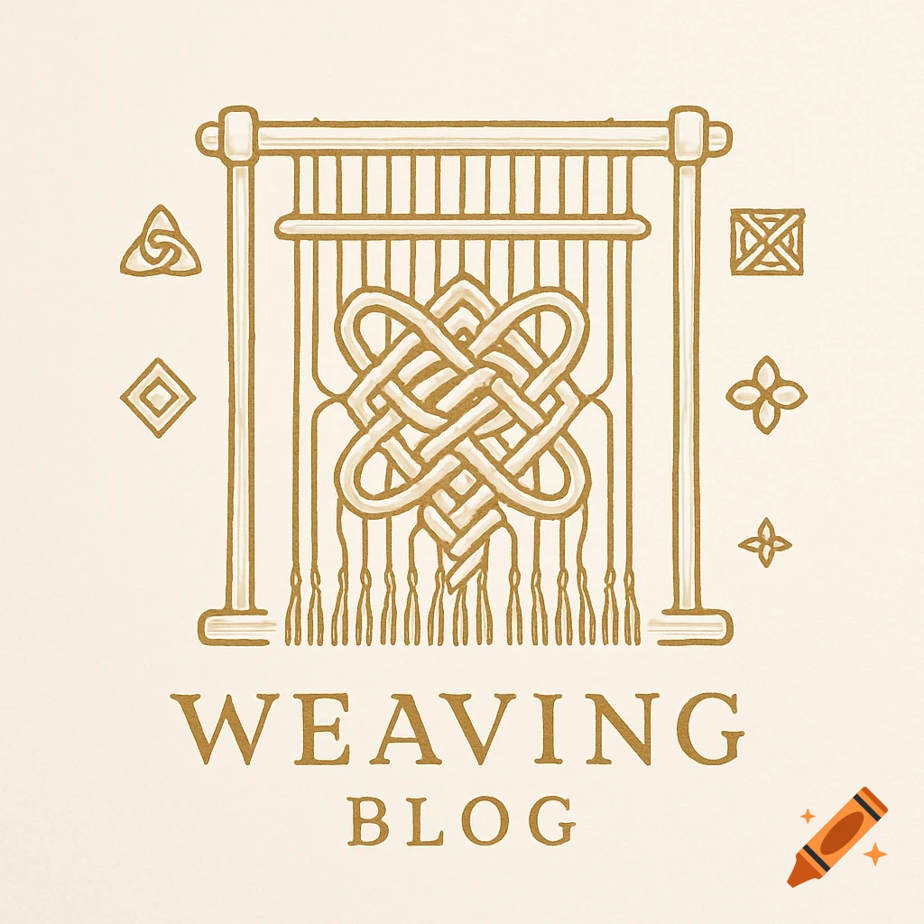 A cream and gold logo features a loom weaving a Celtic knot, with the text 'WEAVING BLOG' below. Illustrated style.