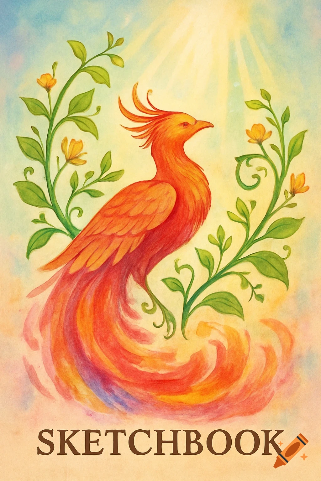 Watercolor illustration of a vibrant orange phoenix among green vines and yellow flowers, with 'SKETCHBOOK' at the bottom.