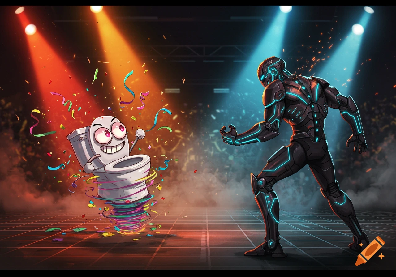 A happy cartoon toilet character covered in confetti faces off against a blue glowing sci-fi armored figure in a spotlighted arena.