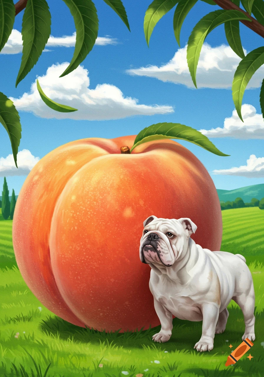 A white English bulldog stands next to a giant peach in a sunny grassy field under a blue sky with clouds, digital art.