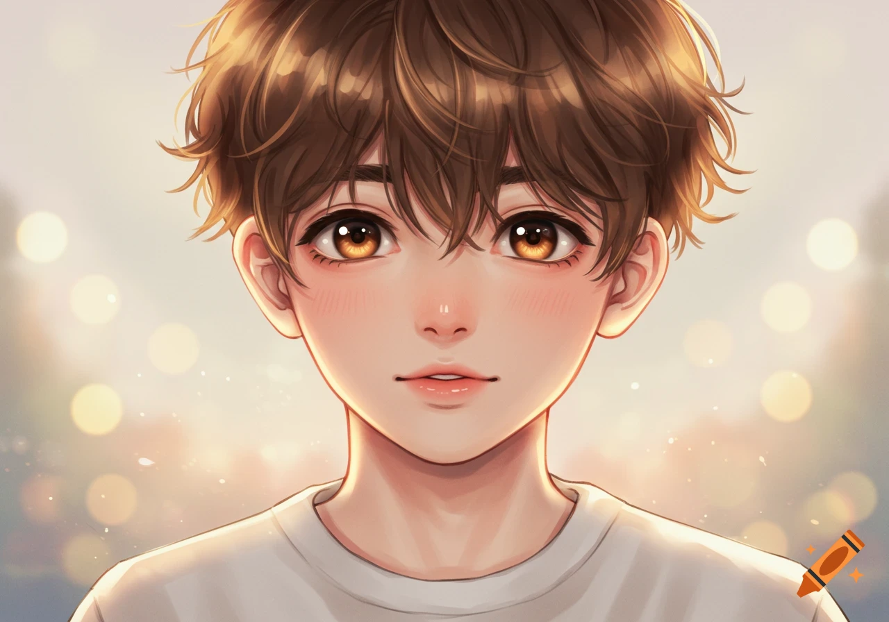 Close-up anime portrait of a cute boy with fluffy brown hair and warm brown eyes, set against a soft, glowing background.