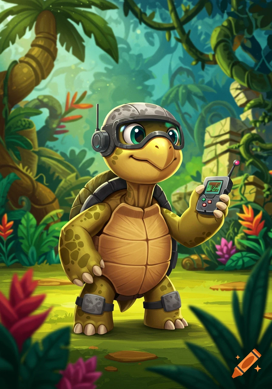 A cute cartoon turtle wearing a helmet and goggles holds a walkie-talkie in a vibrant jungle setting.