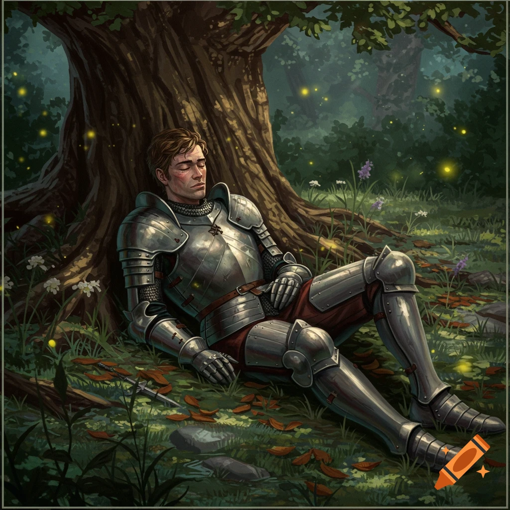 A knight in shining armor sleeps peacefully against a large tree in an enchanted forest with fireflies.