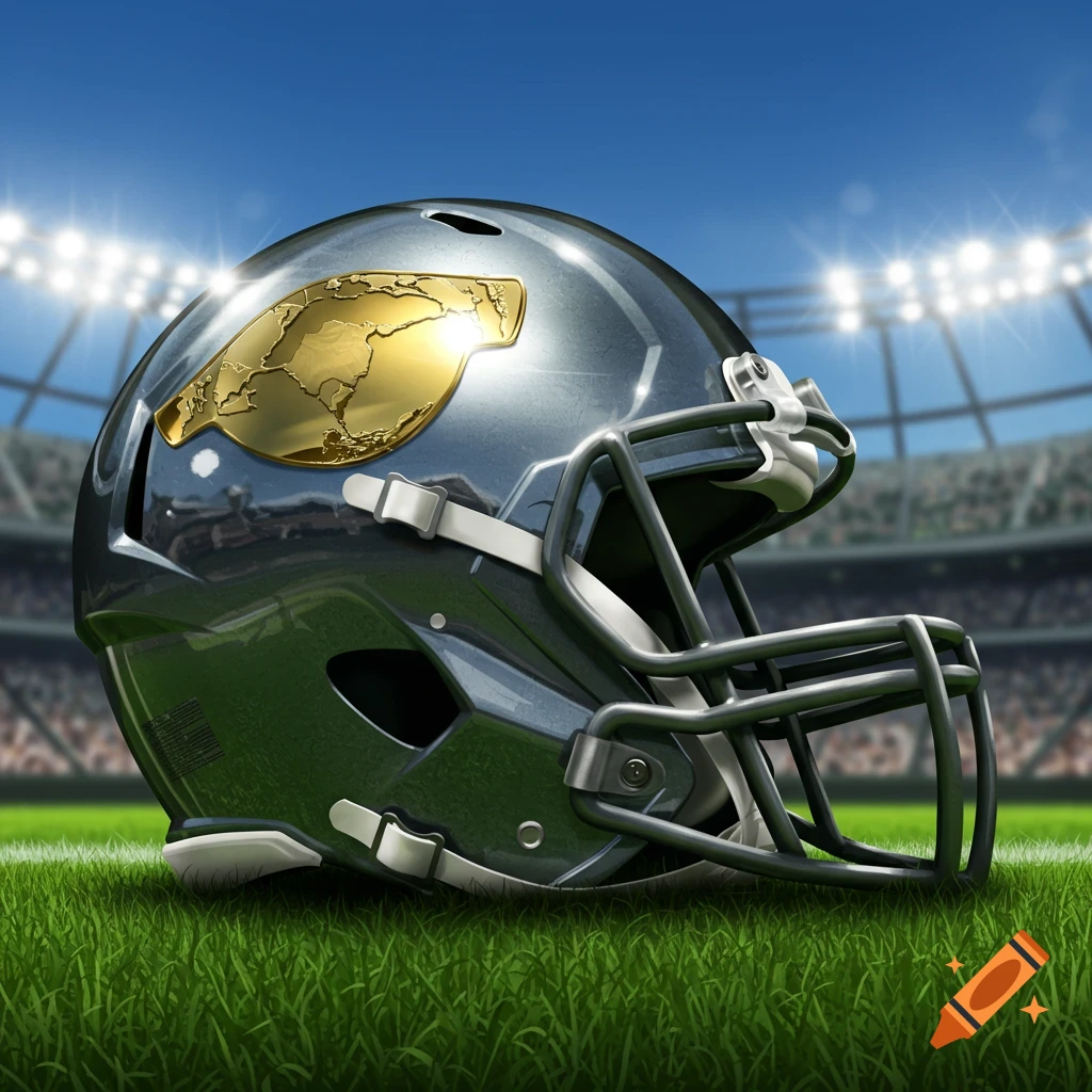 A detailed football helmet with a shiny golden world map emblem, sitting on grass in a brightly lit stadium.