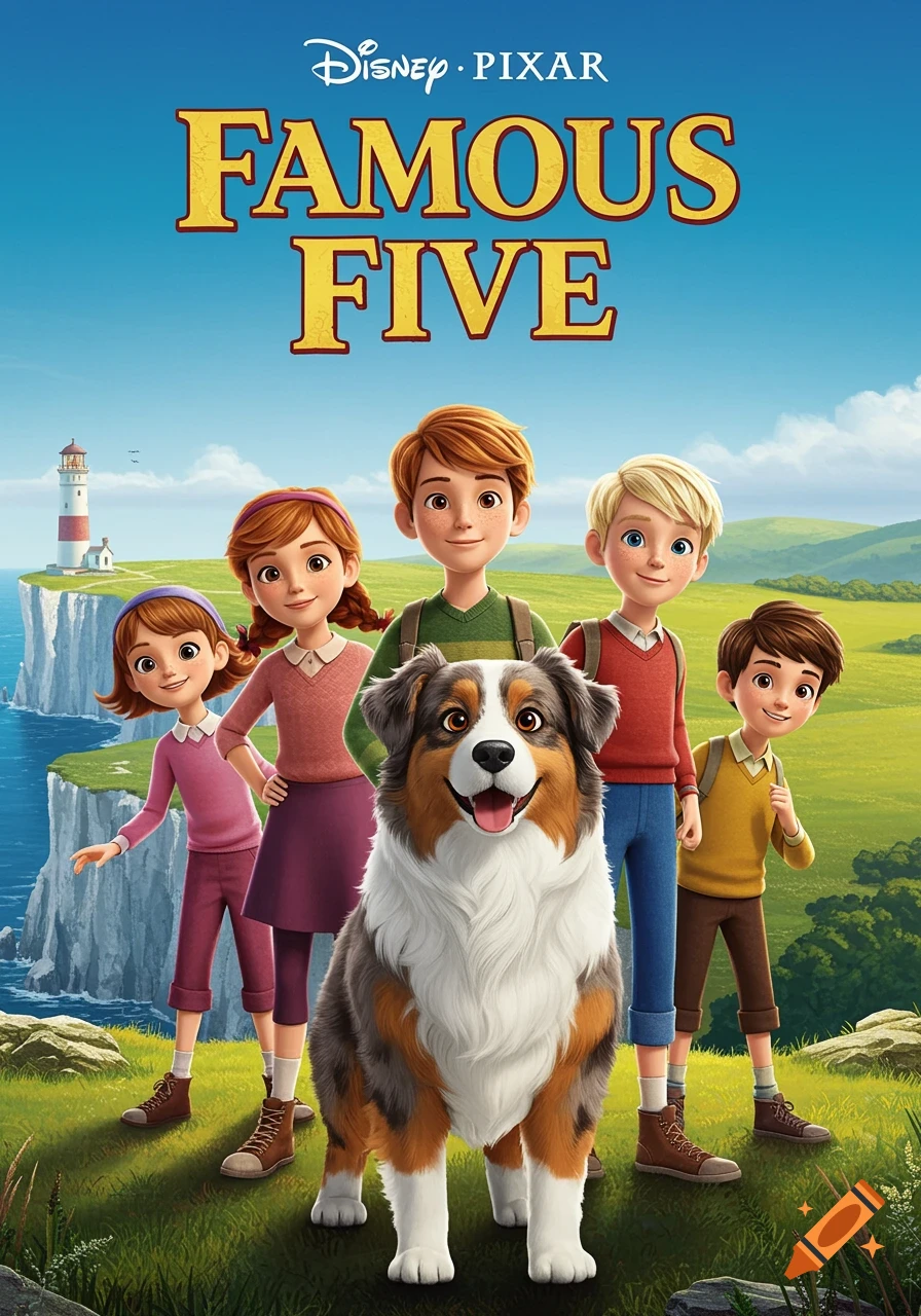 A Disney Pixar-style movie poster featuring four children and an Australian Shepherd dog on a grassy cliff by the sea with a lighthouse. Text: FAMOUS FIVE.