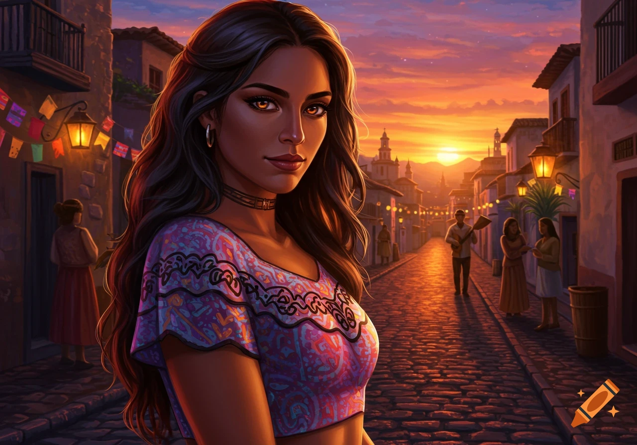 Digital painting of a Latina woman on a cobblestone street at sunset, looking towards the viewer.