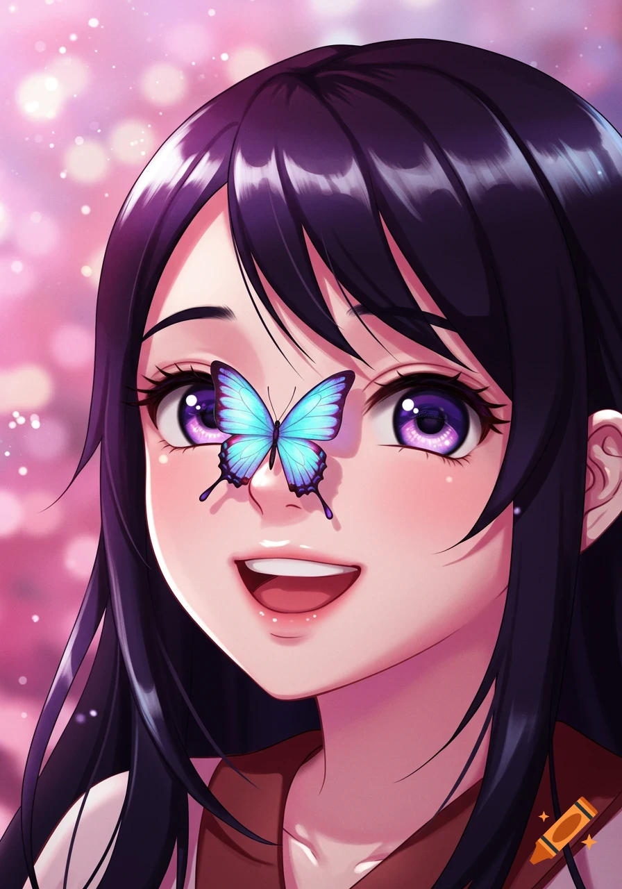Close-up anime portrait of a smiling girl with dark hair and purple eyes, a blue butterfly resting on her nose, against a pink bokeh background.