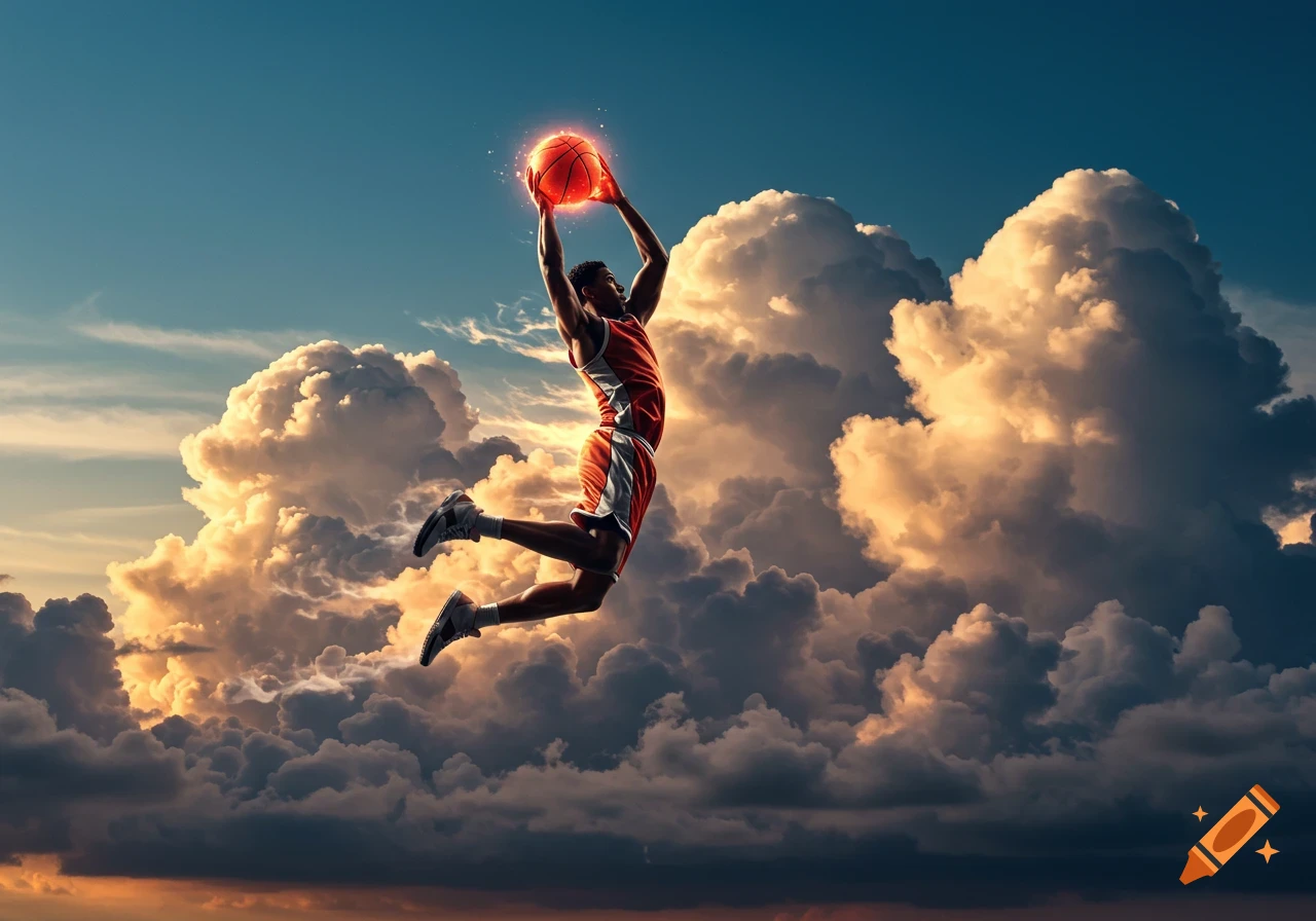 A basketball player in mid-air dunks a glowing ball against a dramatic cloudy sky.
