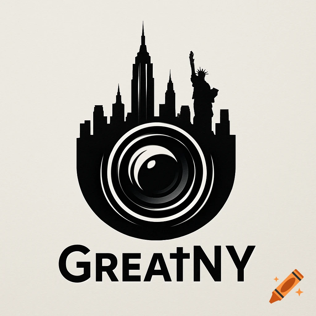 Black and white logo with New York City skyline and Statue of Liberty silhouette over a camera lens, with 'GreatNY' text.