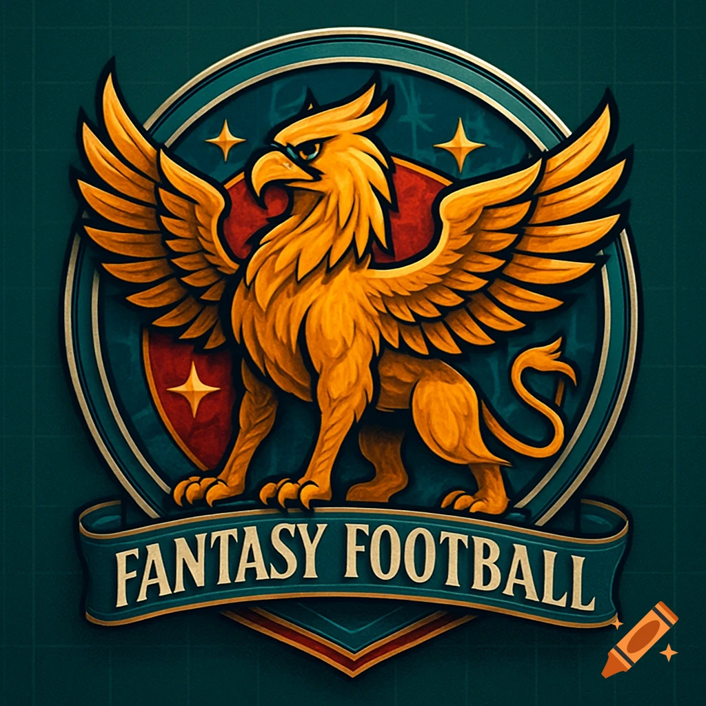 A detailed gold griffin logo with spreading wings on a dark teal and red circular emblem, with a banner below reading 'FANTASY FOOTBALL'.