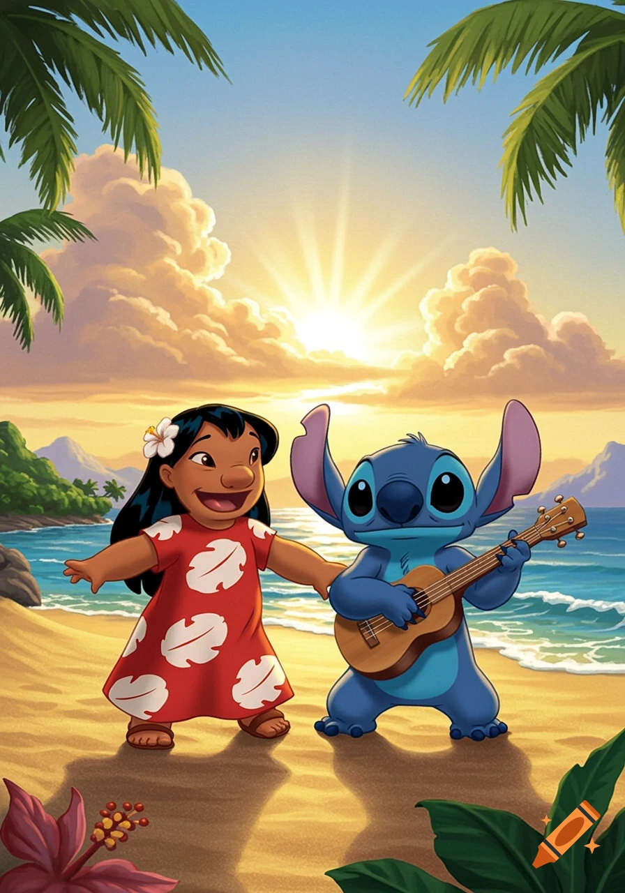 Lilo and Stitch on a sunny tropical beach at sunset, with Stitch playing a ukulele.