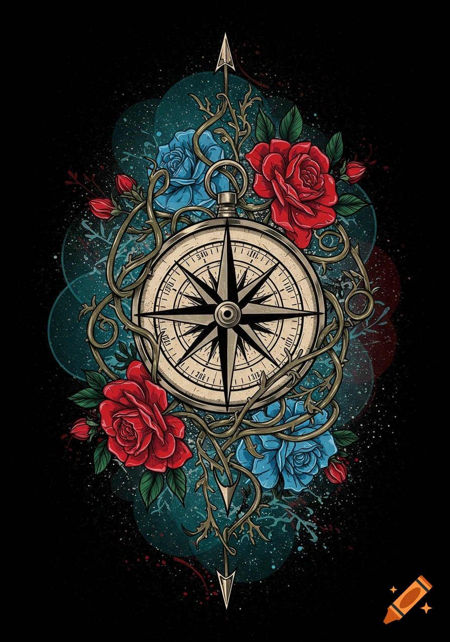 Stylized illustration of a compass surrounded by red and blue roses and thorny vines on a dark background.