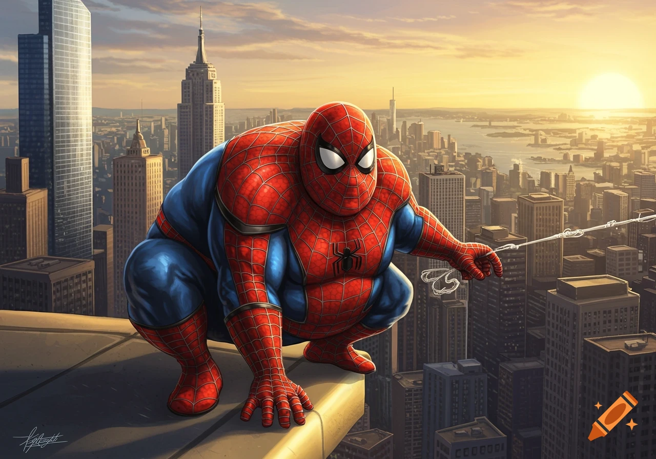 A portly Spiderman crouches on a skyscraper rooftop overlooking a New York City skyline at sunset. Comic art style.
