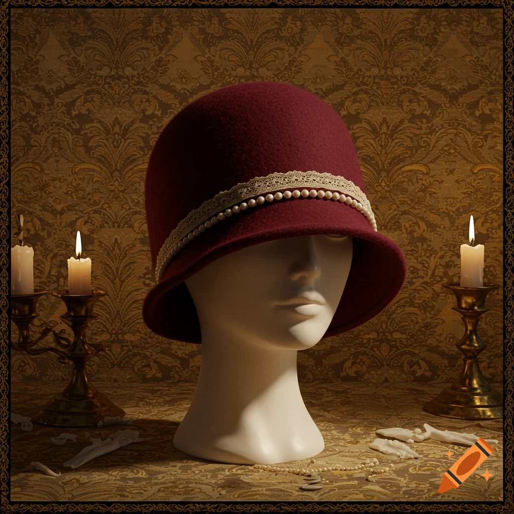A burgundy cloche hat with lace and pearls on a white mannequin head, flanked by lit candles on a vintage patterned table.