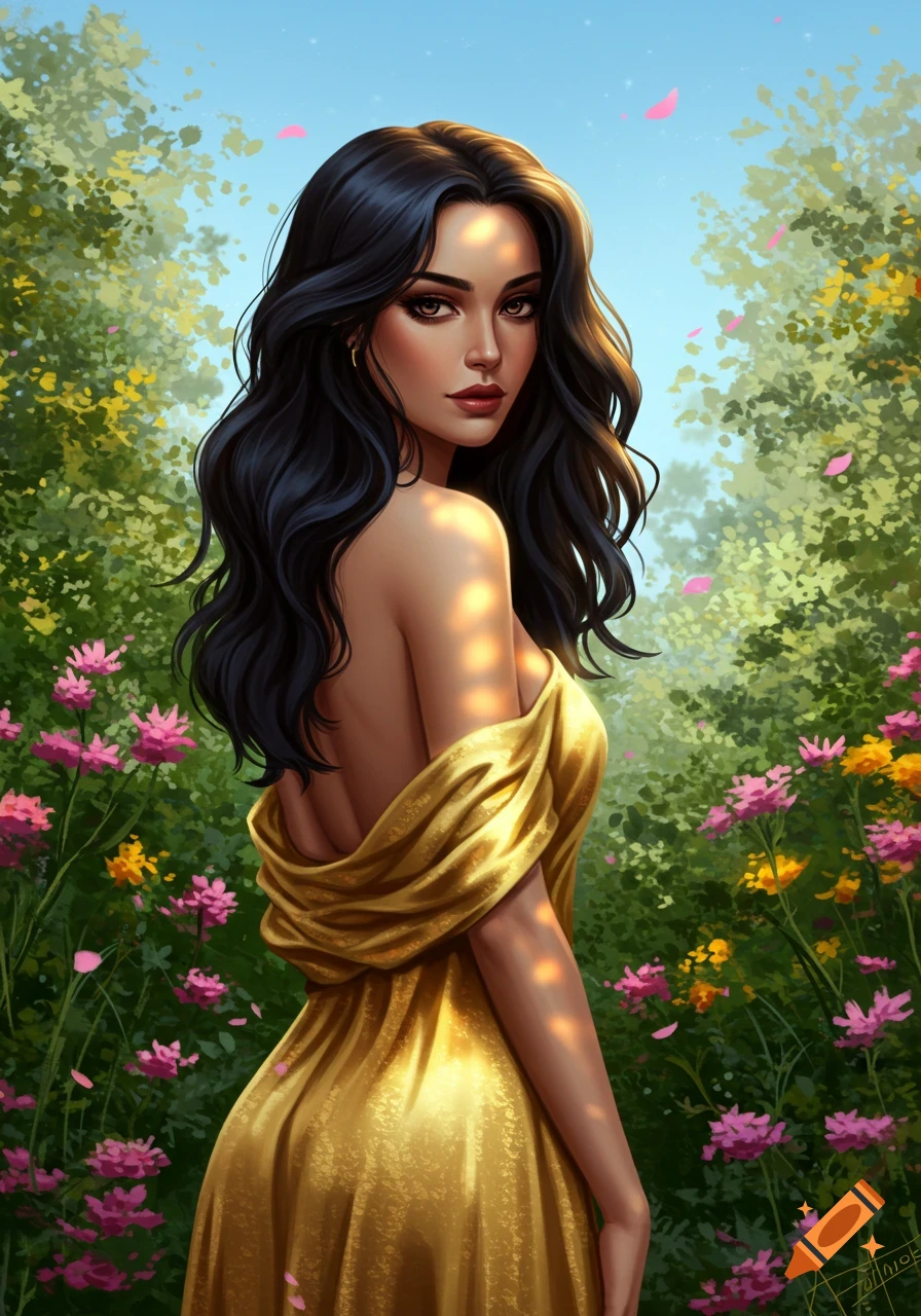 A beautiful woman with long dark hair in a golden off-shoulder dress stands in a sun-dappled garden with pink and yellow flowers.