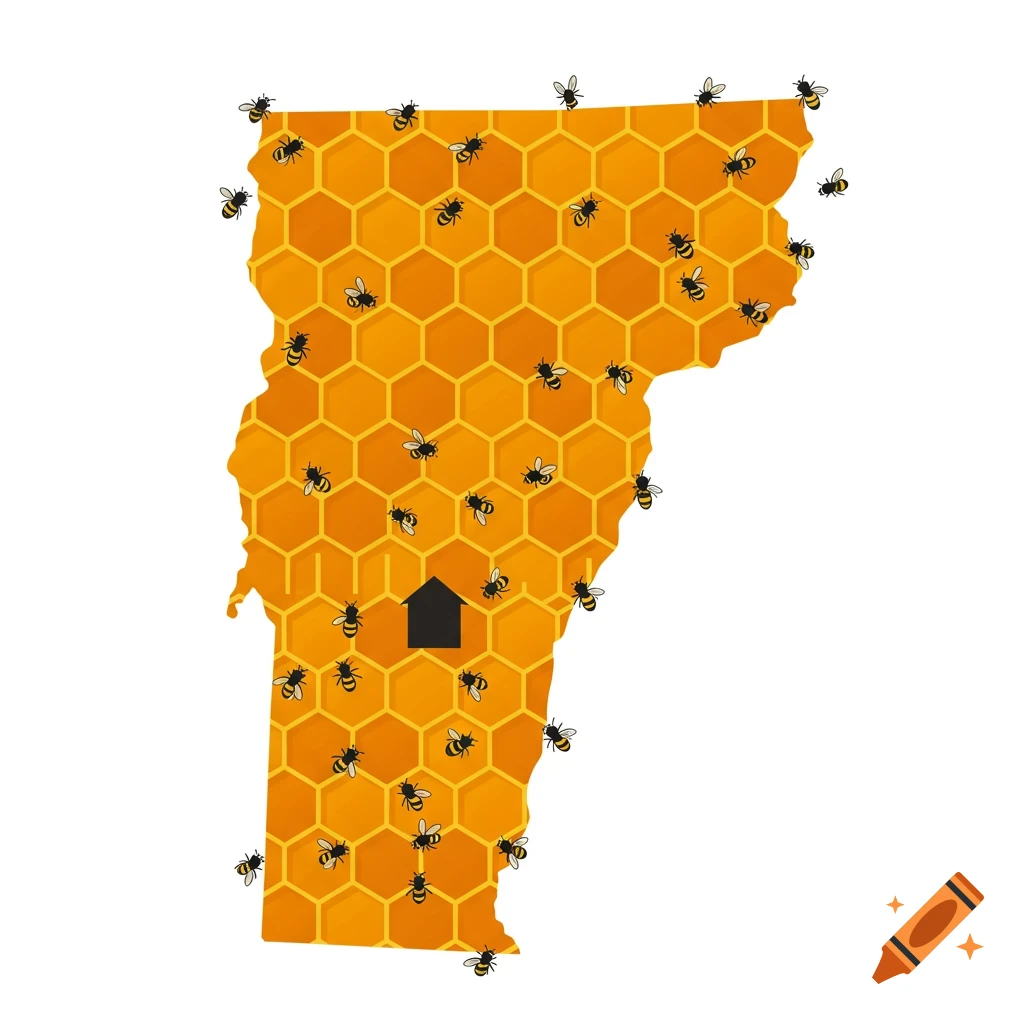 An illustration of the state of Vermont as a honeycomb filled with bees, featuring a small black house icon.