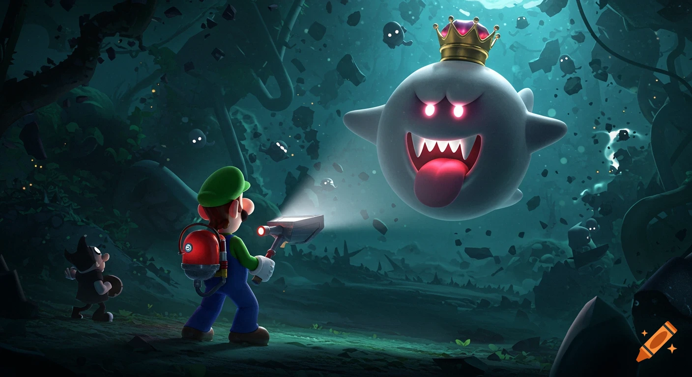 Luigi and Gooigi confront a gigantic King Boo in a dark, debris-filled, surreal world, cinematic digital art.