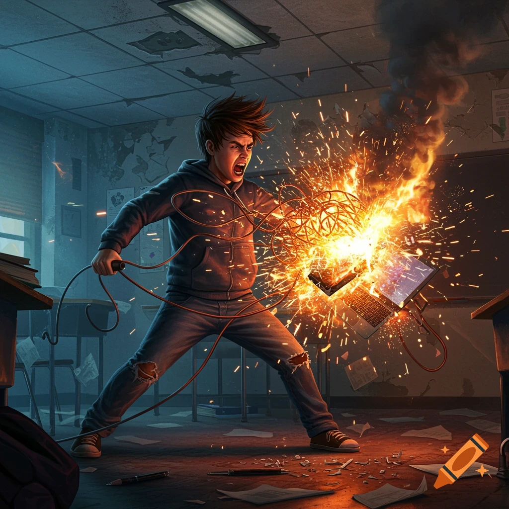 Stylized illustration of an angry student causing a laptop to explode with sparks and fire in a damaged classroom.