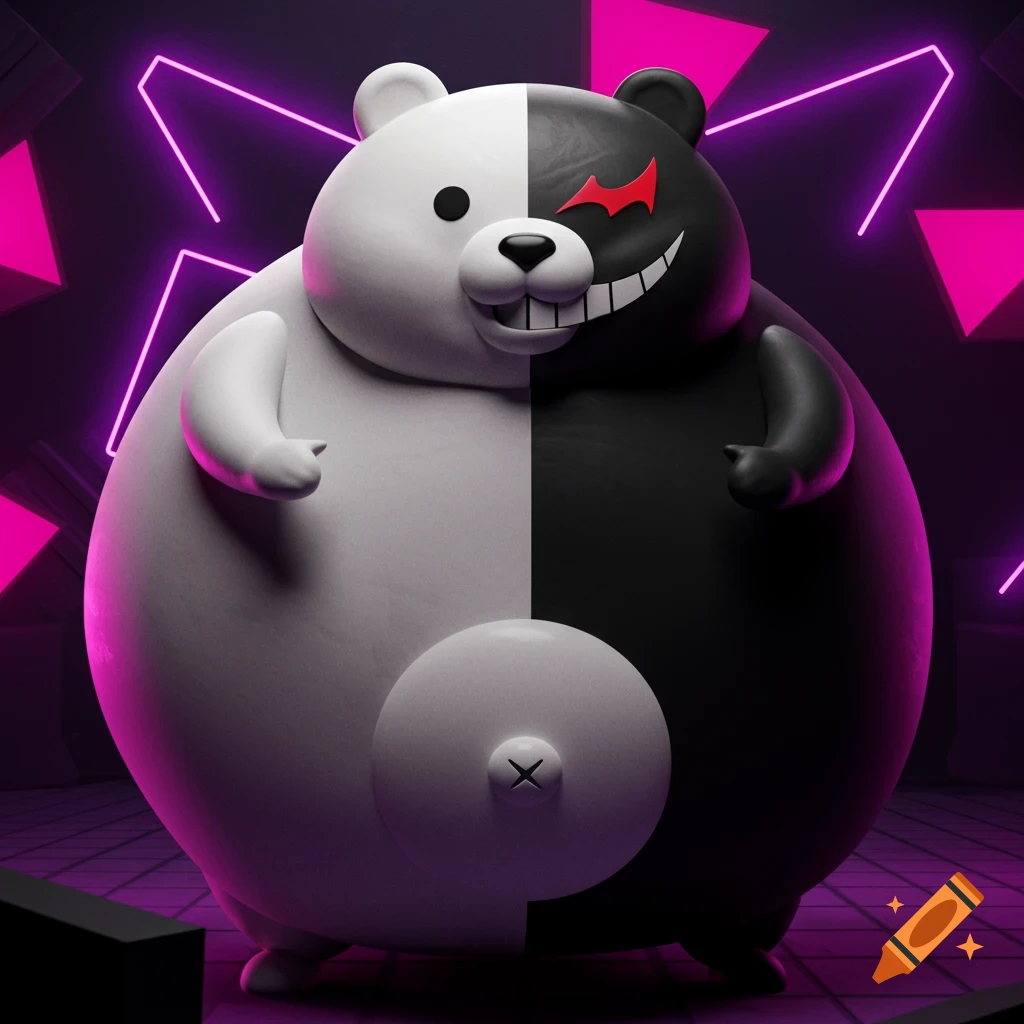 A very fat, black and white Monokuma bear from Danganronpa stands in a dark room with pink neon lights, rendered in a 3D style.